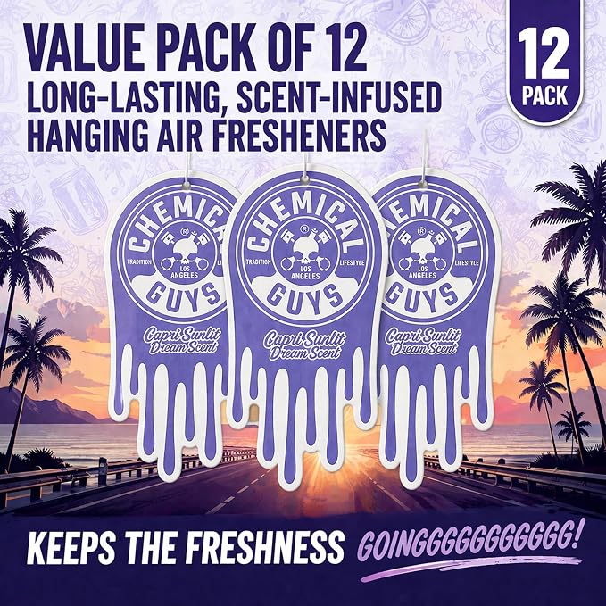 Chemical Guys Hanging Car Air Freshener 12-Pack, Capri Sunlit Dream Coastal Citrus & Soft Floral Fragrance, Rearview Mirror Paper Fresheners for Cars, Trucks, SUVs, RVs & Boats