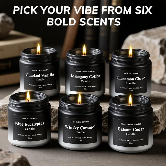 6 Pack Men Candles for Home Scented, Soy Wax 200 Hour Long Lasting Candle, Soy Candle Gifts for Fathers Day Birthday, Valentine, Christmas.
