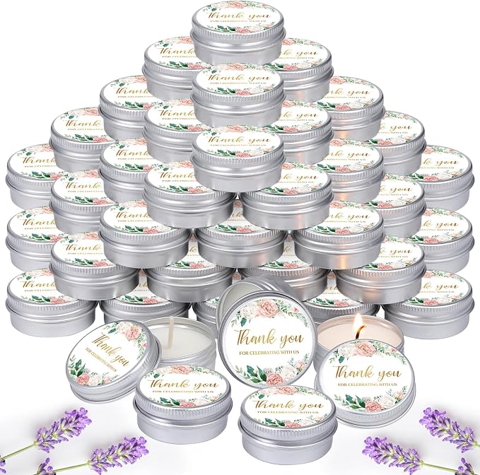 MTLEE 50 Pcs Pink Floral Wedding Candles Gift Favors for Guests 1 Oz Lavender Scented Soy Wax Aromatherapy Candle Favors for Bridal Shower Rustic Wedding Party Guests(Boho Floral)
