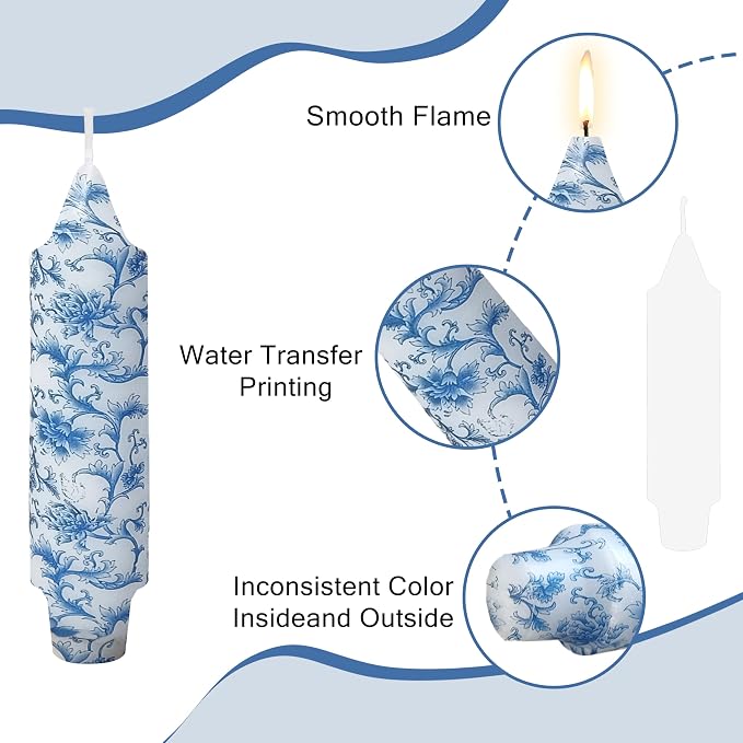 5 Inch Blue Flowers Chunky Taper Candles Short Handmade Blue and White Candle Sticks Smokeless Unscented Tapered Candles for Blue Wedding Present Spa Meditation Housewarming Home Decoration