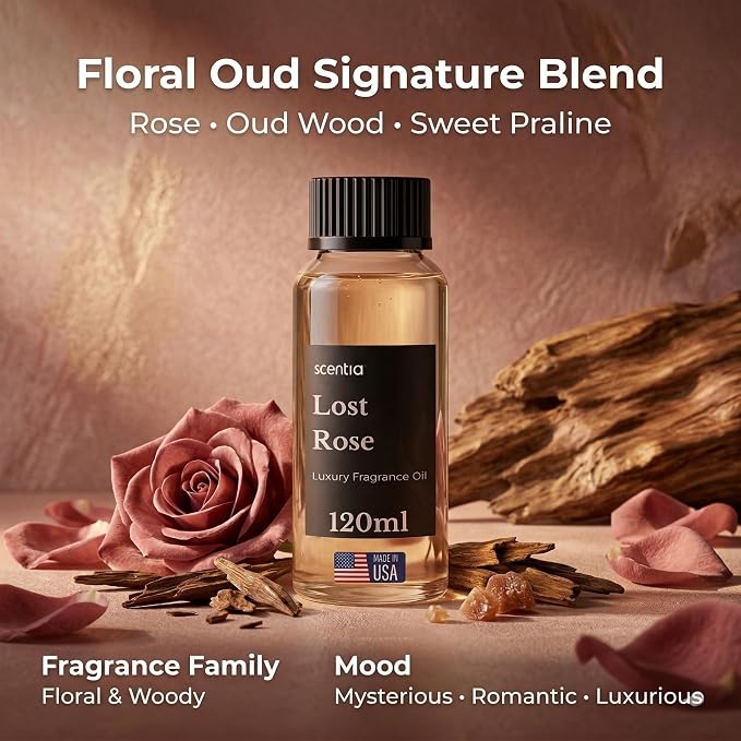 Scentia Lost Rose Diffuser Oil Refill – Hotel Fragrance Oil Inspired by Fairmont – 120 mL – Rose, Oud Wood & Clove Long-Lasting Scent for Ultrasonic & Waterless Diffusers, Made in USA