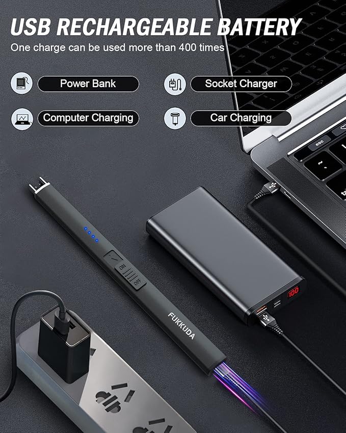 FUKKUDA Electric Candle Lighter with Gift Box - USB Rechargeable Windproof & Flameless Plasma Arc Lighter for Candles, Ocean Box Obsidian Black