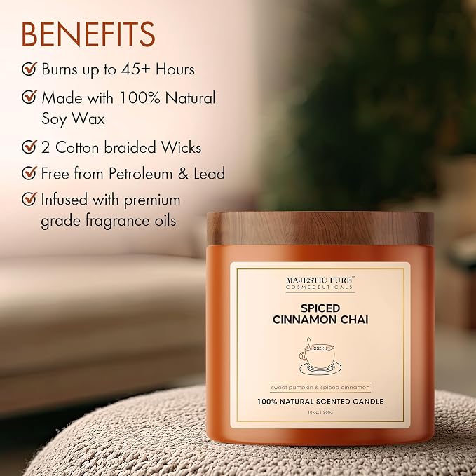 Majestic Pure Pumpkin Cinnamon Scented Candle with Upto 45+ Hrs Burn Time, 2-Wick Candle, Soy Wax Blend for Cleaner Consistent Burn, 10 oz Jar Candle with Room Filling Fragrance, Spiced Chai
