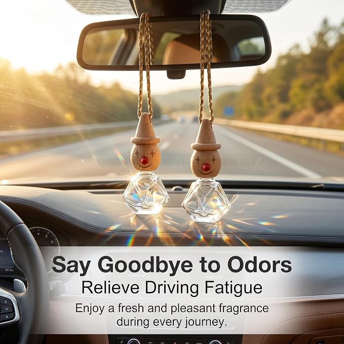 2 Pack Snowman Glass Hanging Car Rearview Mirror Diffuser Bottles | Wood lids & droppers included, refillable empty bottles for car closet bathroom home aromatherapy decor