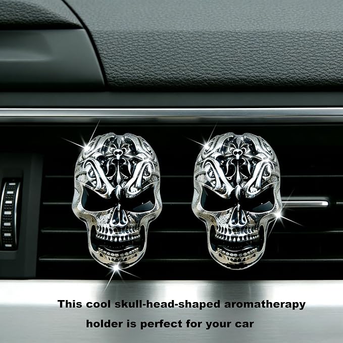 2Pcs Gothic Skull Car Vent Clip Freshener with Cotton Scent Pads | Alloy skull vent diffuser removes odors, suitable for car bathroom Halloween decorative gifts