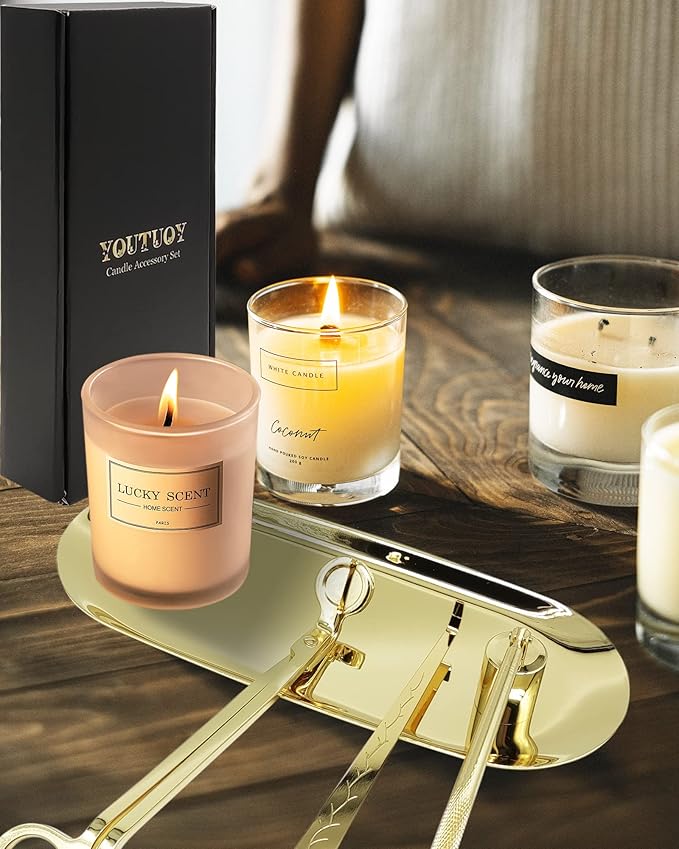 YOUTUOY 4 in1 Candle Accessory Set with Storage Tray Plate, Candle Wick Trimmer, Candle Wick Snuffer, Candle Wick Dipper, Great for Scented Candles Lovers (Gold)
