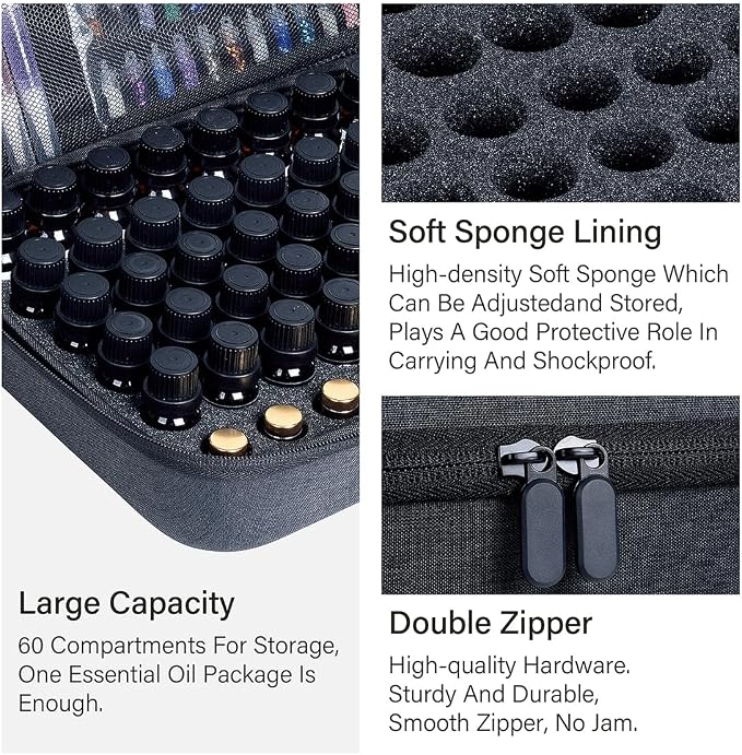 Essential Oils Carrying Case Holds 60 Bottles with Detachable Pad, Black