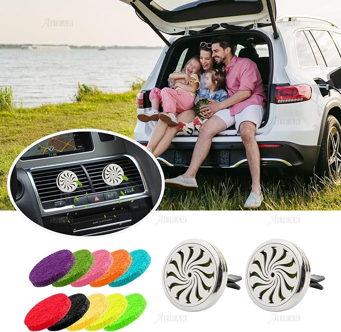 AUEAR, Car Diffuser Vent Clips Aromatherapy Essential Oil 30mm Stainless Steel Air Fresheners Lockets with 10 Felt Refill Pads for Women Men (Style F)