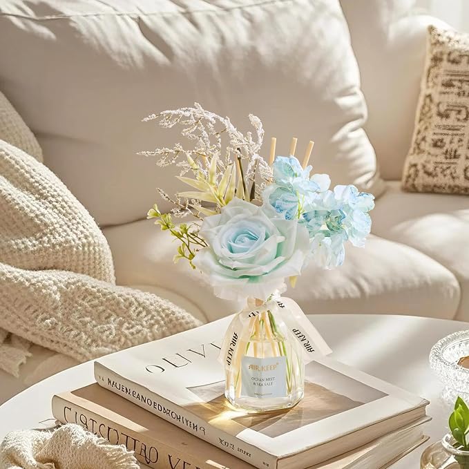 Airkeep Flower Reed Diffuser Set, Ocean Mist&Sea Salt Diffuser Gift Set,4.06 fl oz Essential Oil Sticks Diffusers for Bathroom Air Freshener, Aromatherapy Home Fragrance Shelf Decor, Gift for Women