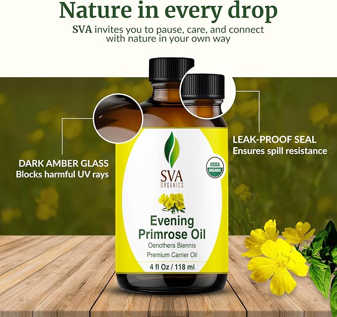 SVA Evening Primrose Oil Organic - 4 Fl Oz – 100% Natural Cold Pressed Organic Evening Primrose Oil - for Face, Skin Care, Hair Care, Scalp Massage & Body Massage – Carrier Oil with Dropper
