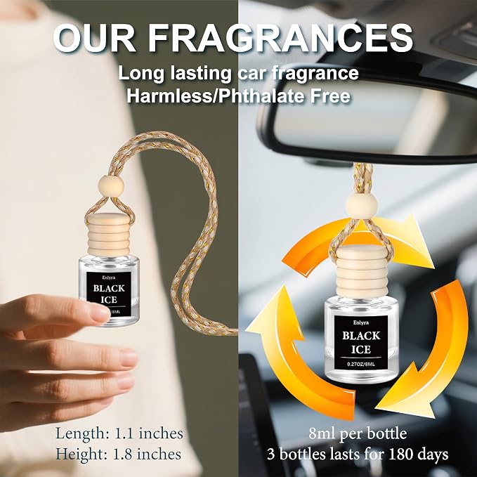 Hanging Car Air Freshener (Pack of 3) : Luxury Car Perfume for Women Men | Cute & Reusable Bottle with 45+ Days Long-Lasting Fragrance Oil Diffuser, Black ice