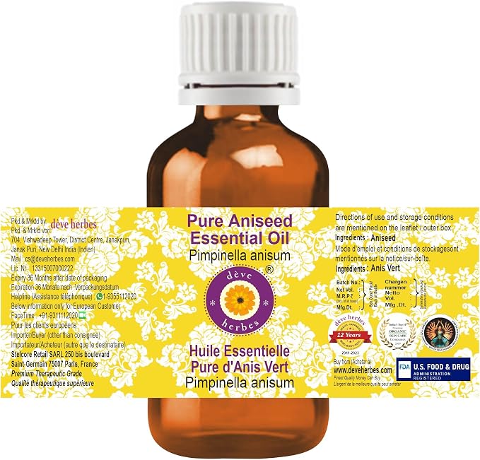 Deve Herbes Pure Aniseed Essential Oil (Pimpinella anisum) Steam Distilled (Pack of Two) 100ml X 2 (6.76 oz)