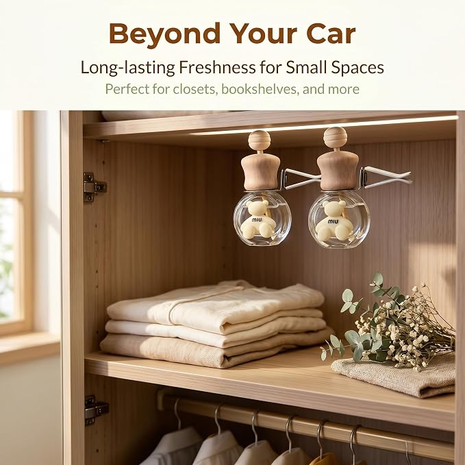 2 Pack Bear Car Vent Clip Diffuser Refillable Glass Bottle | Wood cap glass bottle with dropper, DIY essential oil freshener for car wardrobe bathroom home