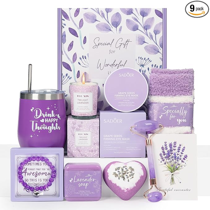 Birthday Gifts for Women, Self Care Gifts for Women, Lavender Spa Gift Basket Care Package for Her, 9-Piece Relaxing Gift Box with Tumbler, Candle, Eye Patches, Gift for Mom Wife Sister Girlfriend