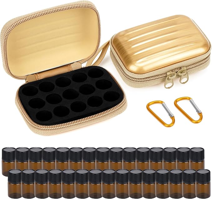 2Pcs Mini Essential Oil Bottle Case with 30 Empty 2ml Vials, Travel Storage Organizer Box for Essential Oils, Compact Aromatherapy Holder for Home, Travel & Outdoor Use (15 Slots, Gold)