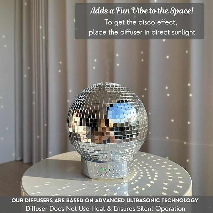 SCANDINORDICA Disco Ball Diffuser Speaker - Large 300 mL Rotating Disco Ball Essential Oil Diffuser with Whisper Quiet Operation, 7 Color LED Night Light & 4 Time Settings | Cute Bluetooth Speaker