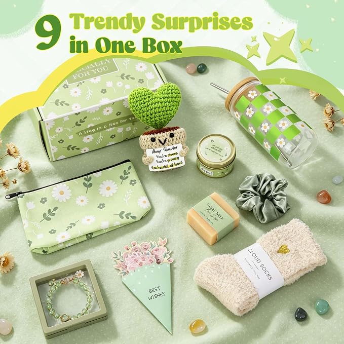 Birthday Gifts Baskets for Women, Get Well Soon Care Package for Girls | 9 PCS Fresh Green Teen Girl Gift Trendy Stuff, Pick Me Up Gift Box, Surgery Recovery Care Package , Cheer Up Feel Better