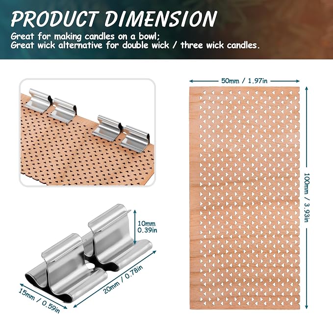 4 Set Large Wood Candle Wick Grid Design Large Wooden Wick 3.9x2.0inch / 100x50mm (Width*Height), Natural Crackling Wood Wick Core with Iron Stands for Soy Candle Making Candles Supplies