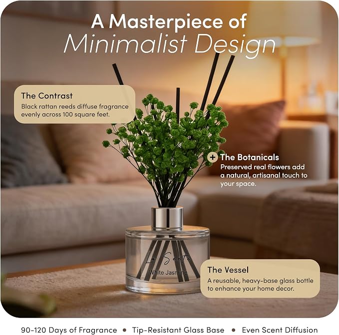 Reed Diffuser Set (6.7fl oz), Natural White Jasmine Essential Oil Fragrance with Glass Bottle, Black Rattan Sticks & Preserved Flowers, Up to 120 Days Lasting Fragrance for Home & Office