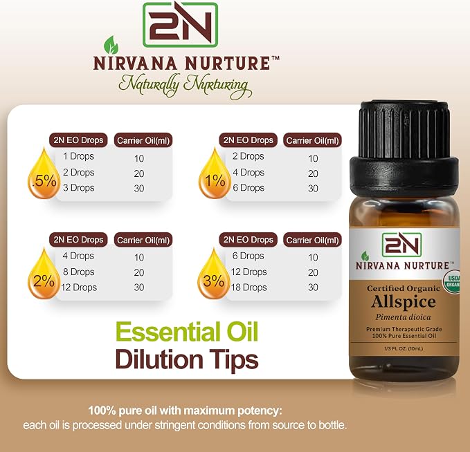 Allspice Essential Oil, USDA Certified Organic, 100% Pure Undiluted, Aromatherapy Oil for Diffuser, Hair & Skin Care