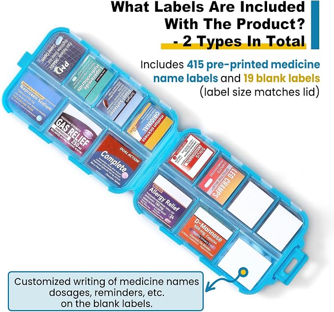 14 Grids Travel Pill Organizer Box with 415-Pcs Medicine Name Labels - Pocket Daily Pharmacy Case Container Kit - Travel Medication Holder Dispenser for Fish Oil Vitamin Supplement Storage - Blue