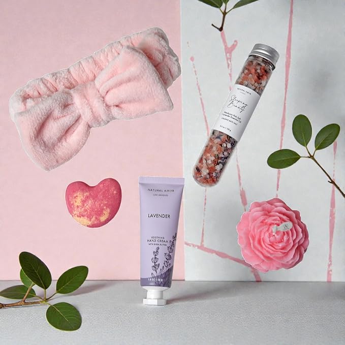 Natural Amor Bath & Spa Gift Set for Women – Floral Relaxation Self Care Box with Headband, Rose Candle, Heart Bath Bomb, Hand Cream, Pink Salt – Birthday, Valentine’s Day Gift