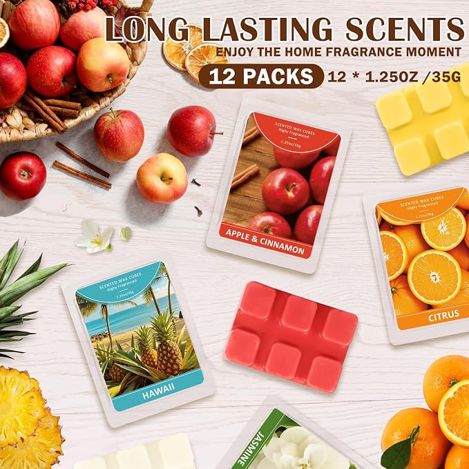 SCENTORINI Scented Wax Melts 12 Pack - Spring & Summer Assorted Scents Including Pure Cotton, Tahiti Vanilla, Jasmine & Eucalyptus Sage | Strong Fragrance Wax Cubes for Warmer, Home, Office Relaxation