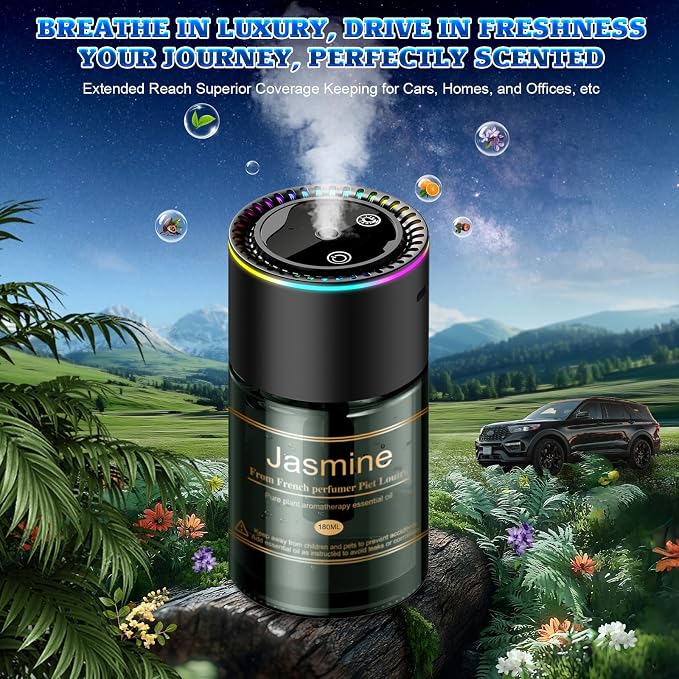 Smart Car Air Freshener Diffuser - 270-Day Long-Lasting Essential Oil (6.09oz/180ml), Auto On/Off Sensor, Ultrasonic Dual Modes, Multi-Mode Adjustable, Natural French Fragrance Oils, Jasmine Scent