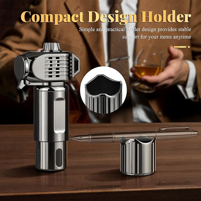 Butane Torch Lighter Build-in Holder, Punch, Windproof Triple Jet Flames Lighters with Safety Lock, Adjustable Flame, Metal Pocket Lighter for Candle, Grill, Men's Gift (NO Gas)