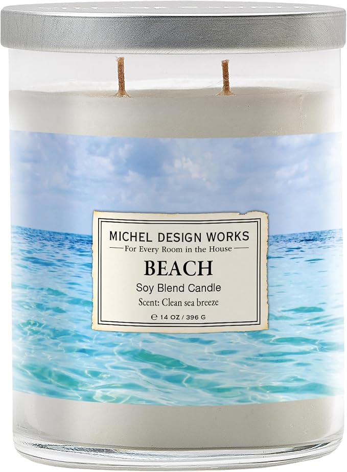 Michel Design Works Beach Scented Candle, 14 oz Soy Blend Dual Wick Candle, Glass Tumbler Jar with Lid, 75 Hour Burn Time, Clean Marine Coastal Home Fragrance Gift