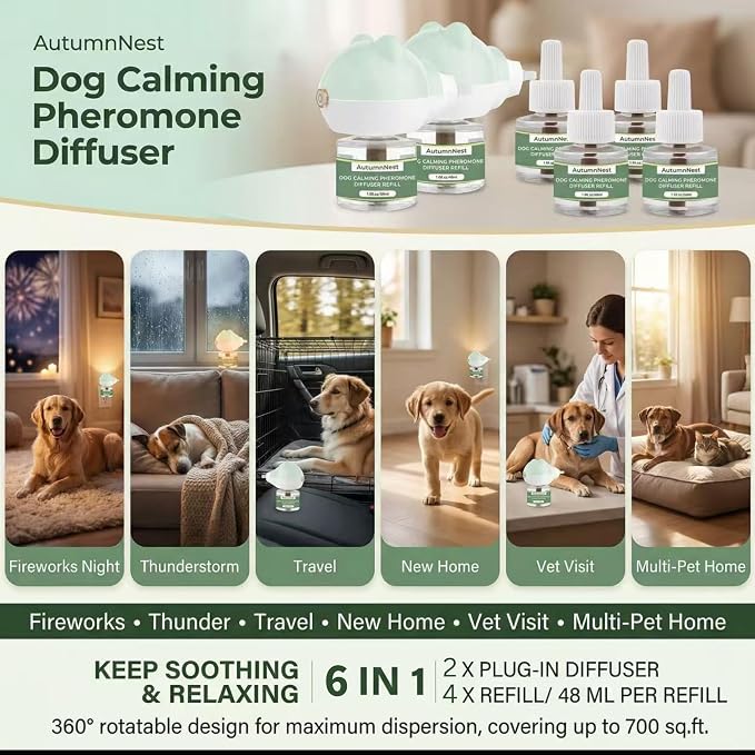 Dog Pheromone Diffuser Kit, Pet Diffuser for Stress Support, Reduces Stress and Promotes Relaxed Behavior, 2 Plug-in + 4 Packs Refill, 120 Day Supply (Non-Toxic, Safe & Inedible), Diffuser with Light