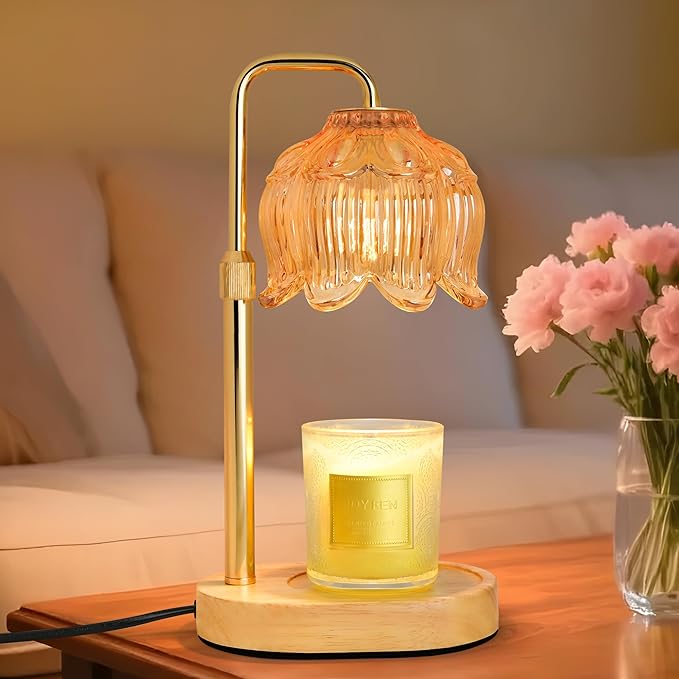 Candle Warmer Lamp with Timer Dimmer, Adjustable Height Candle Wax Warmer, Christmas Birthday Gift for Mom Women,House Warming Gifts for New Home Bedroom Decor,(Lotus Flower-Amber)