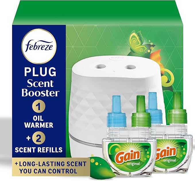 Febreze Plug Scent Booster Starter Kit – Air Freshener, Oil Diffuser, Continuous Scent Device, Includes 2 Gain Refills