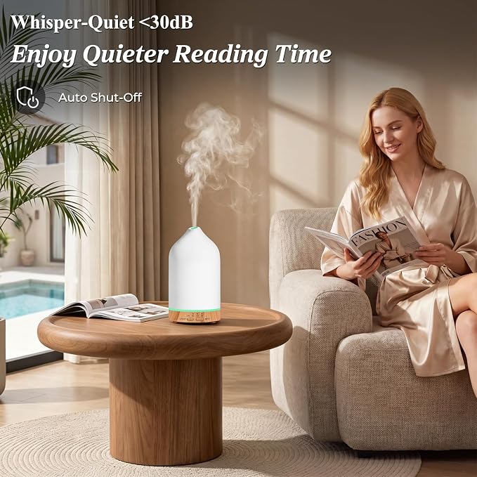 URPOWER 180ML Ceramic Essential Oil Diffuser, Ultrasonic Aromatherapy Diffuser with 7-Color Lights, Auto Shut-Off, Quiet Oil Diffuser for Bedroom, Home Office