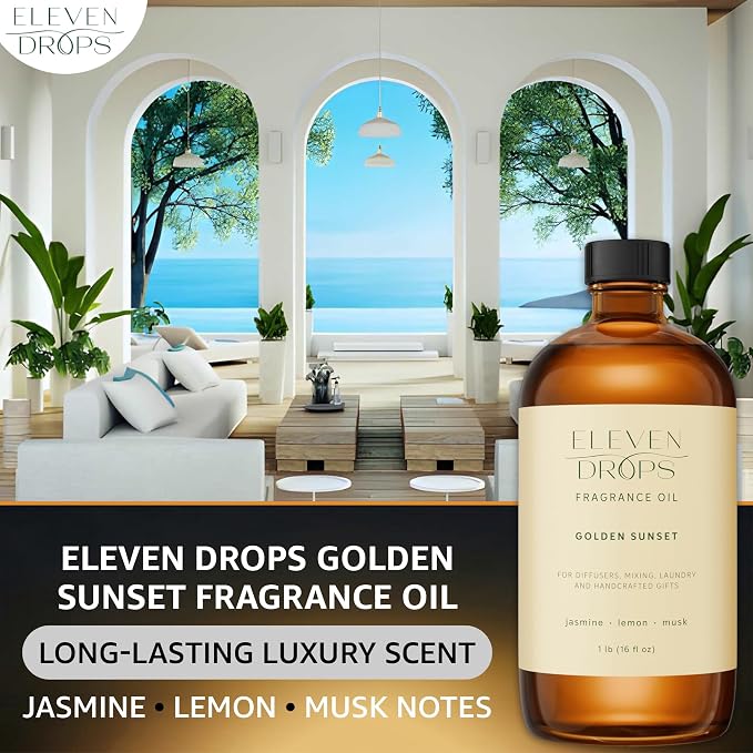 Golden Sunset Fragrance Oil | Jasmine, Lemon & Musk Notes | Long Lasting Scent Reed Diffuser Oil for Home, Office, Hotel, Spa, Car & Linen Spray | Pet Friendly IFRA Compliant, 16 oz