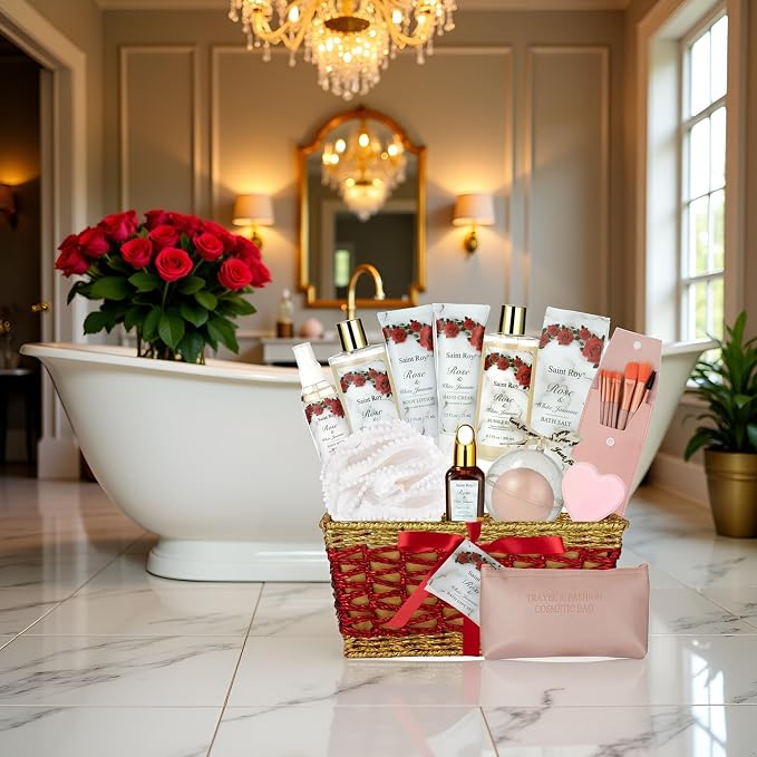 Spa Gifts for Women, 21Pcs Spa Basket Gifts, Red Roses Bath & Body Care Kit | Home Spa Self Care, Pampering self-Care Kit, Mothers Day, Christmas, Valentines, Holiday, Her, Birthday, Bridal Shower