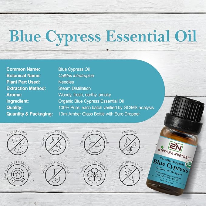 Blue Cypress Essential Oil, USDA Certified Organic, 100% Pure Undiluted, Aromatherapy Oil for Diffuser, Hair & Skin Care