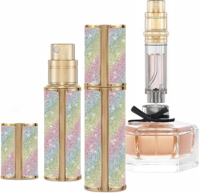 5ml Perfume Spray Bottle, AG00RB Leather Refillable Dispenser Bottom Fill Fragrance Scent Container, Portable and Leak-proof Suitable for Traveling & Outgoing (Sparkling Rainbow)