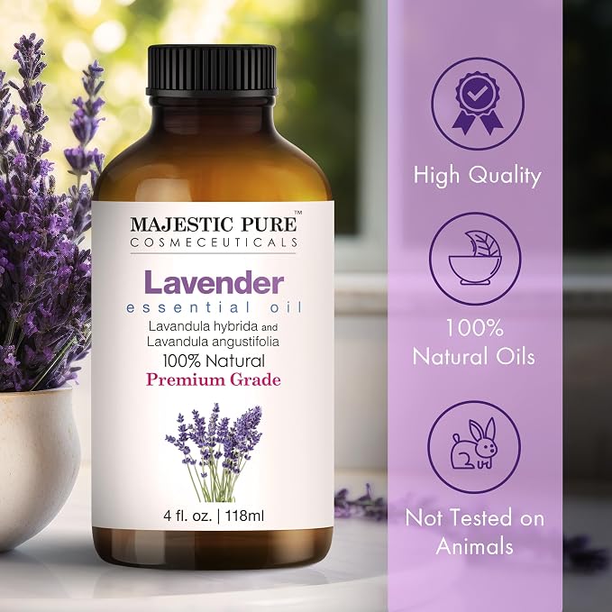 Majestic Pure Essential Oil with Glass Dropper - 100% Pure and Natural - Essential Oils for Diffuser, Aromatherapy, Soap and Candle Making, Lavender Essential Oil, Lavender Oil, 4 Fl Oz Pack of 2