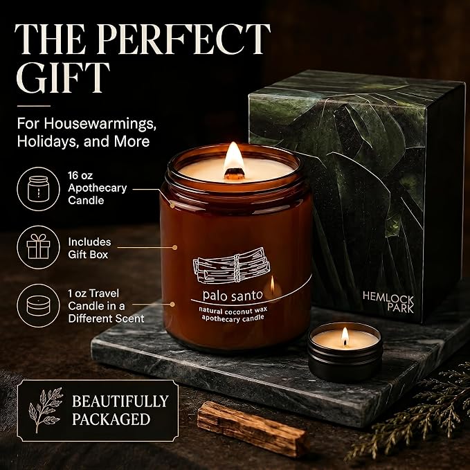 Hemlock Park Palo Santo Apothecary Scented Candle | Crackling Wood Wick, Botanical Fragrance & Coconut Apricot Wax | Up to 80 Hour Burn Time | 16 oz | Made in USA