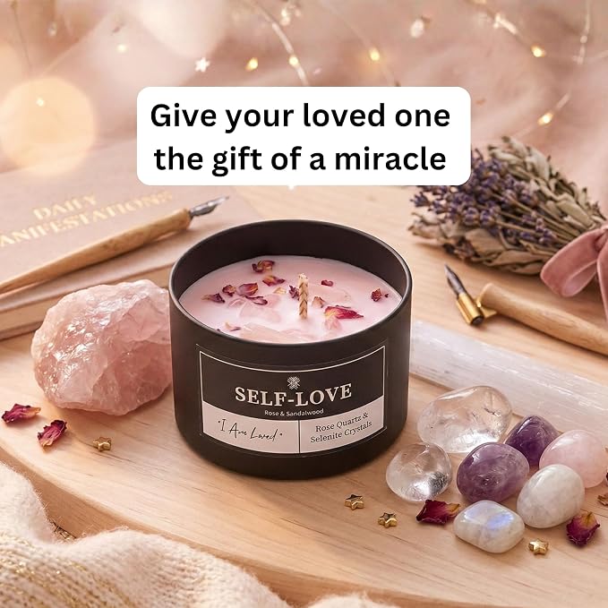 Self-Love Crystal Candle for Meditation and Room Decor, 8oz, Infused with Rose Quartz & Selenite Crystals, Rose & Sandalwood Essential Oil Scented Candles, Soy Wax Blend, Non Toxic Candles