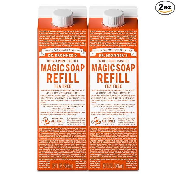 Dr. Bronner's Magic Soap-Pure-Castile Liquid Soap Refill (Tea Tree, 32 ounce, 2-Pack)-Regenerative Organic Certified Oils, For Body, Hair, Laundry, Pets & Dishes, Concentrated, Vegan, Non-GMO