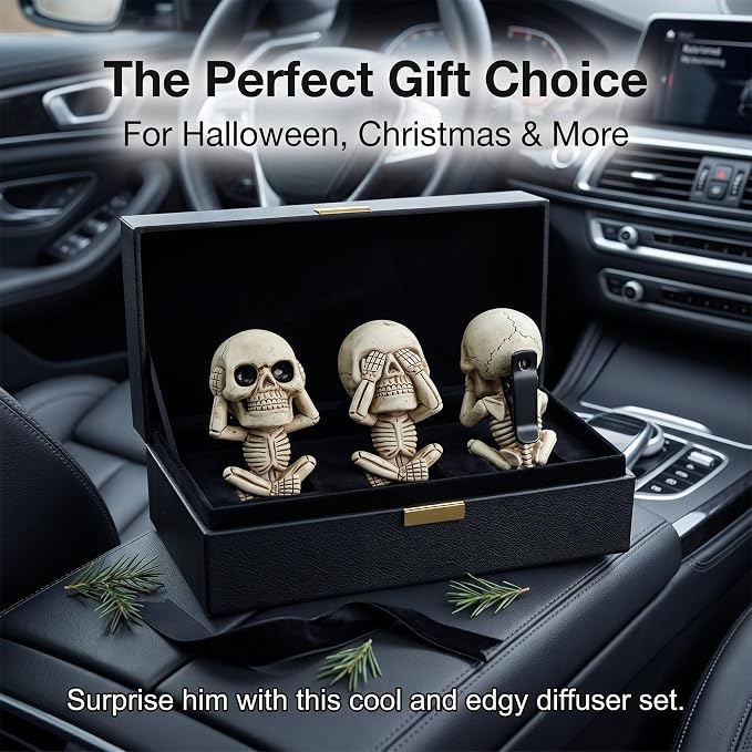 3Pcs Gothic Skull Car Vent Clip Freshener with Felt Scent Pads | Resin skull vent diffuser controls odors, fits car bathroom, Halloween gothic decor gift for teens adults