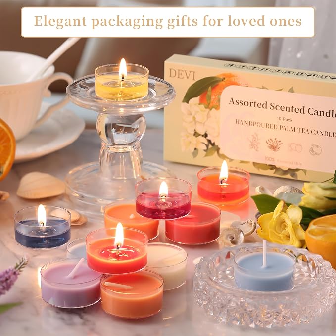 DEVI Assorted Scented Tea Lights Candles 10 Pack, 3.5-4 Hours Natural Palm Tea Candles Bulk for Home Scented, Highly Scented Small Votives with Essential Oils for Home Aromatherapy, Baby Shower Favors