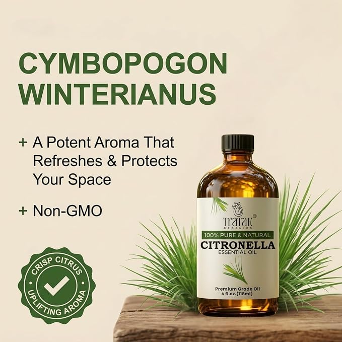 Citronella Essential Oil – 4 Fl Oz – 100% Pure and Natural Citronella Oil for Diffuser and Aromatherapy, Skin, Massage, Candle and Soap Making Fragrance - with Dropper