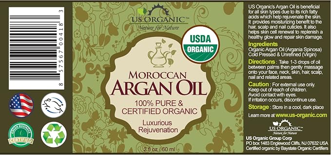 US Organic Moroccan Argan Oil, USDA Certified Organic,100% Pure & Natural, Cold Pressed Virgin, Unrefined, 2 Oz in Amber Glass Bottle, for Hair treatment, Skin, Nail, Cuticle, Sourced from Morocco.