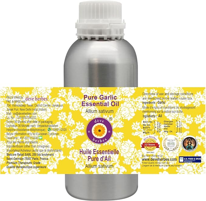 Deve Herbes Pure Garlic Essential Oil (Allium sativum) Steam Distilled 300ml (10 oz)