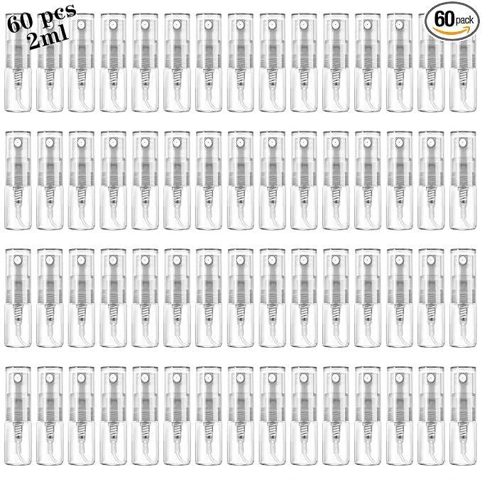 Mini Spray Bottle 2ml, Refillable Glass Spray Bottle, Glass Bottle Atomizer, Perfume Mouthwash Atomizer for Cleaning Refillable Container for Travel, Essential Oils, Perfume 60 Pcs, 2ml