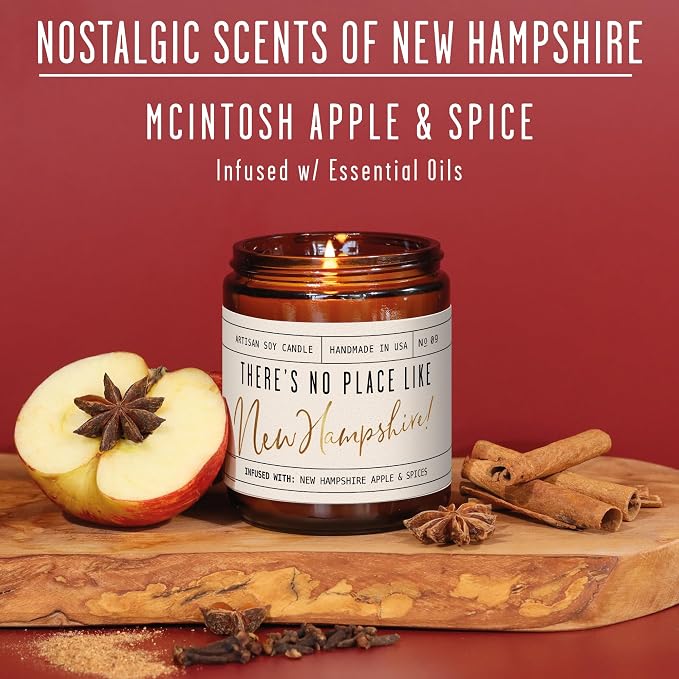 New Hampshire Gifts, New Hampshire Decor for Home - 'There's No Place Like New Hampshire Candle, w/McIntosh Apple & Spice I New Hampshire Souvenirs State Gifts I 9oz Jar, 50Hr Burn, USA Made