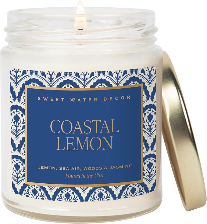 Sweet Water Decor Coastal Lemon Non Toxic Candle – Soy Candle with Lemon, Sea Salt, Woods, Jasmine Aroma – 40 Hour Burn – 9oz Clear Glass Jar – Fresh Mediterranean Home Fragrance